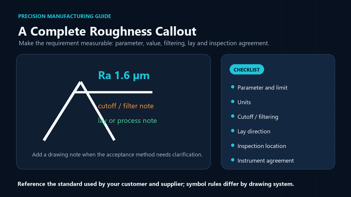 Annotated example of the information needed in a complete surface roughness drawing callout