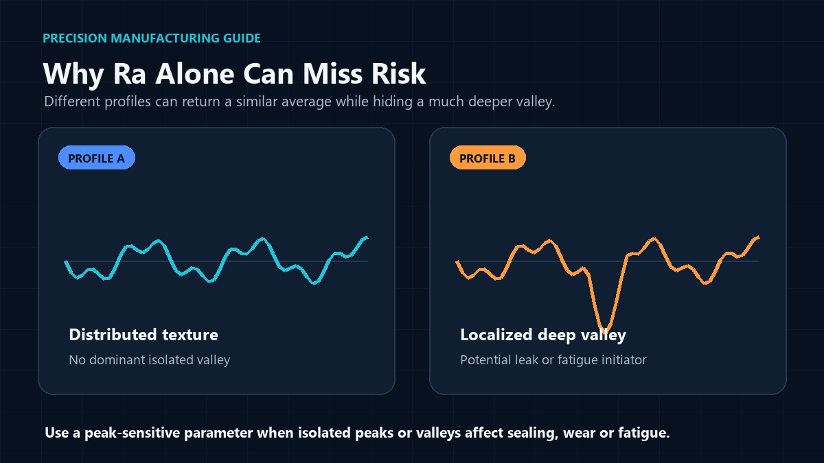 Two surface profiles with similar average roughness but different maximum valley depth