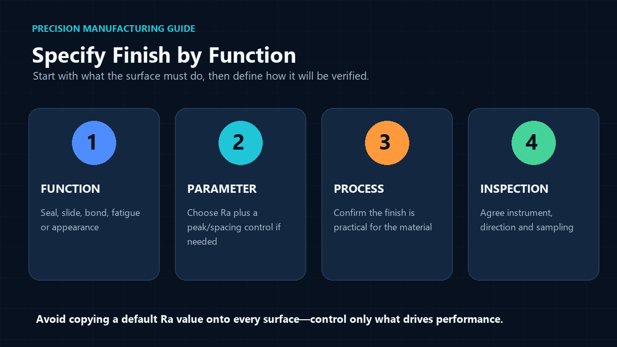 Four-step workflow for specifying surface finish by function, parameter, process and inspection