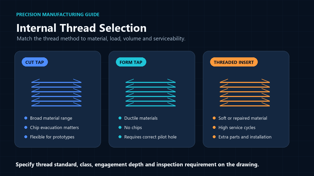 Comparison of cut taps, form taps and threaded inserts for machined parts