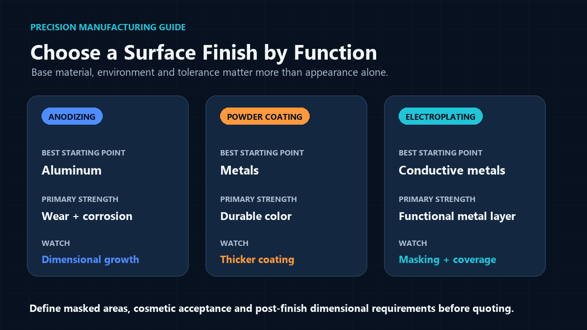 Decision guide comparing anodizing, powder coating and electroplating