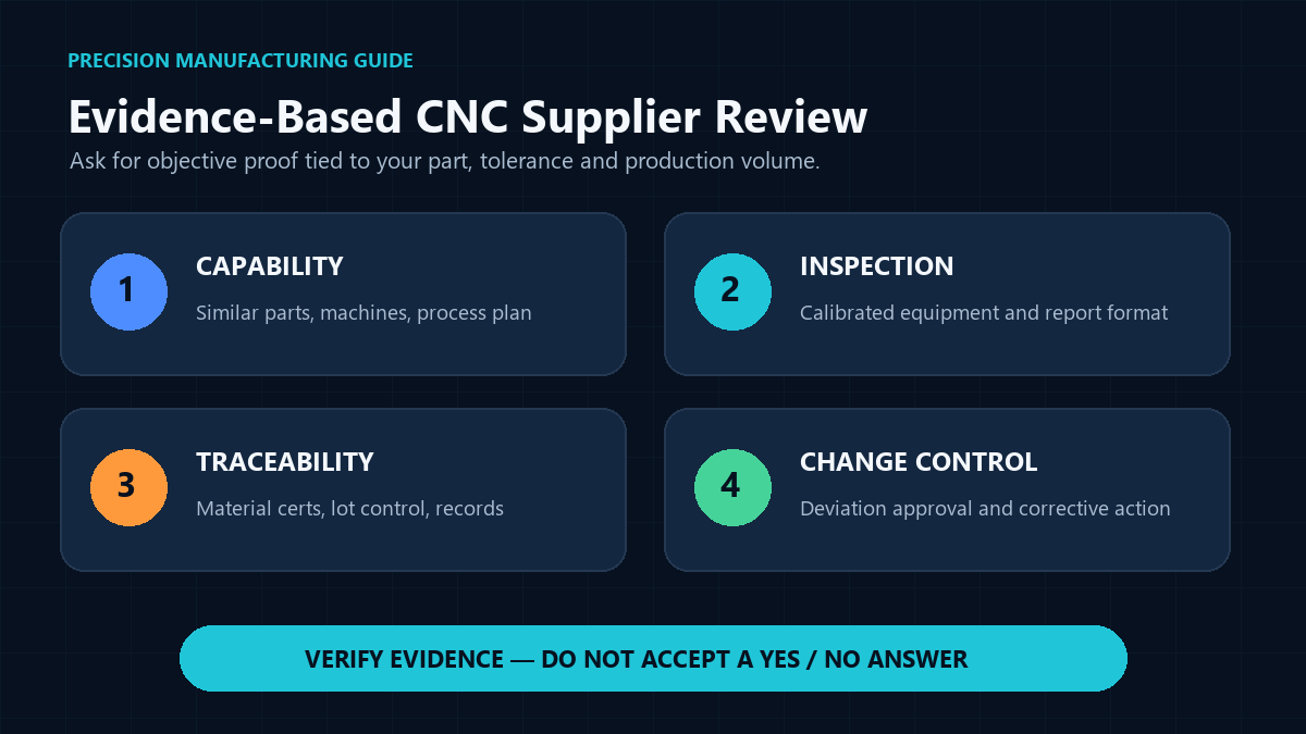 Four-part CNC supplier review scorecard covering capability, inspection, traceability and change control