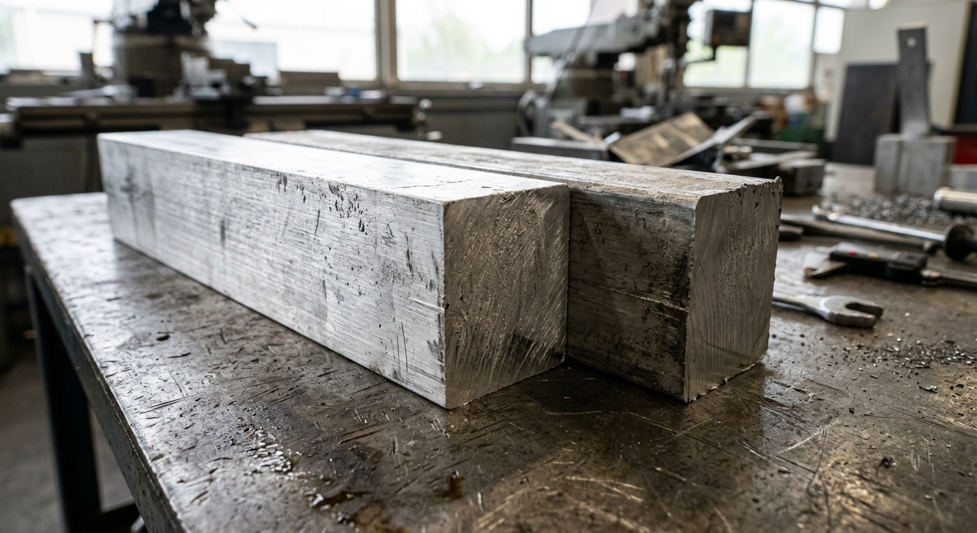 Raw 6061 and 7075 aluminum billet stock samples in a machine shop