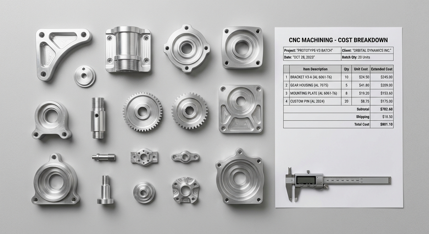 Finished aluminum CNC parts arranged next to cost breakdown documentation