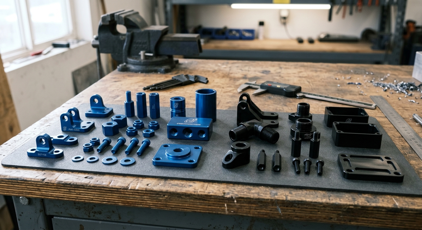 Blue and black anodized aluminum parts showing surface finish quality