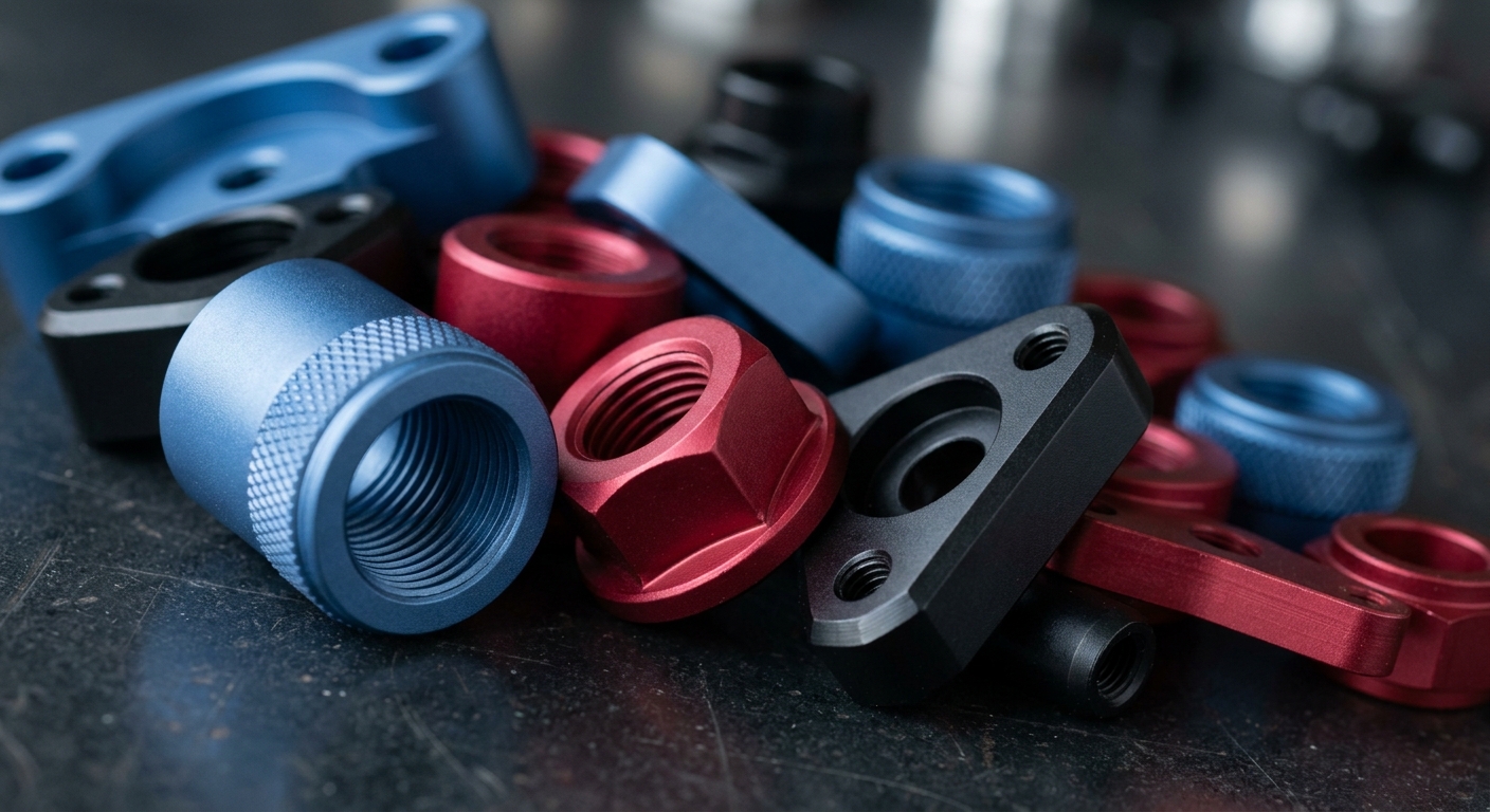 Colorful anodized aluminum parts showing matte satin surface finish