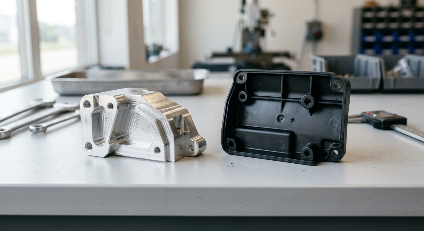 Aluminum CNC part next to injection molded plastic part comparison