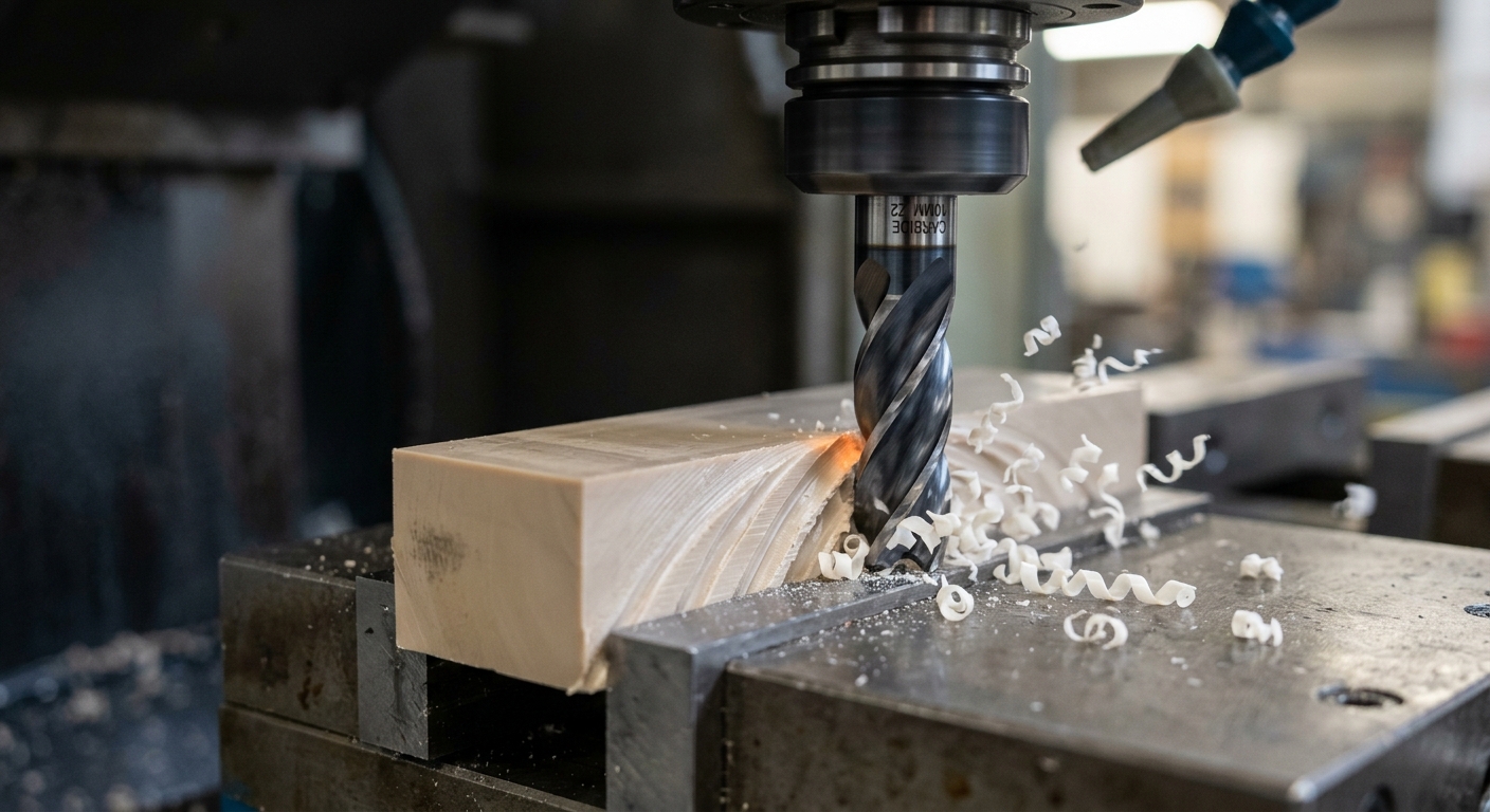 Carbide end mill cutting PEEK plastic with clean chip formation