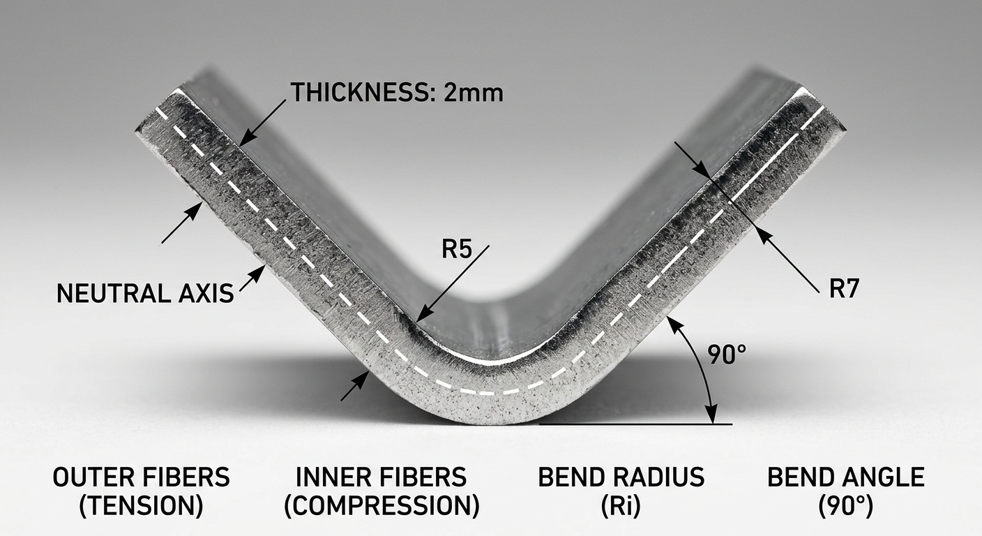 Cross-section illustration of neutral axis position inside a bent sheet metal panel