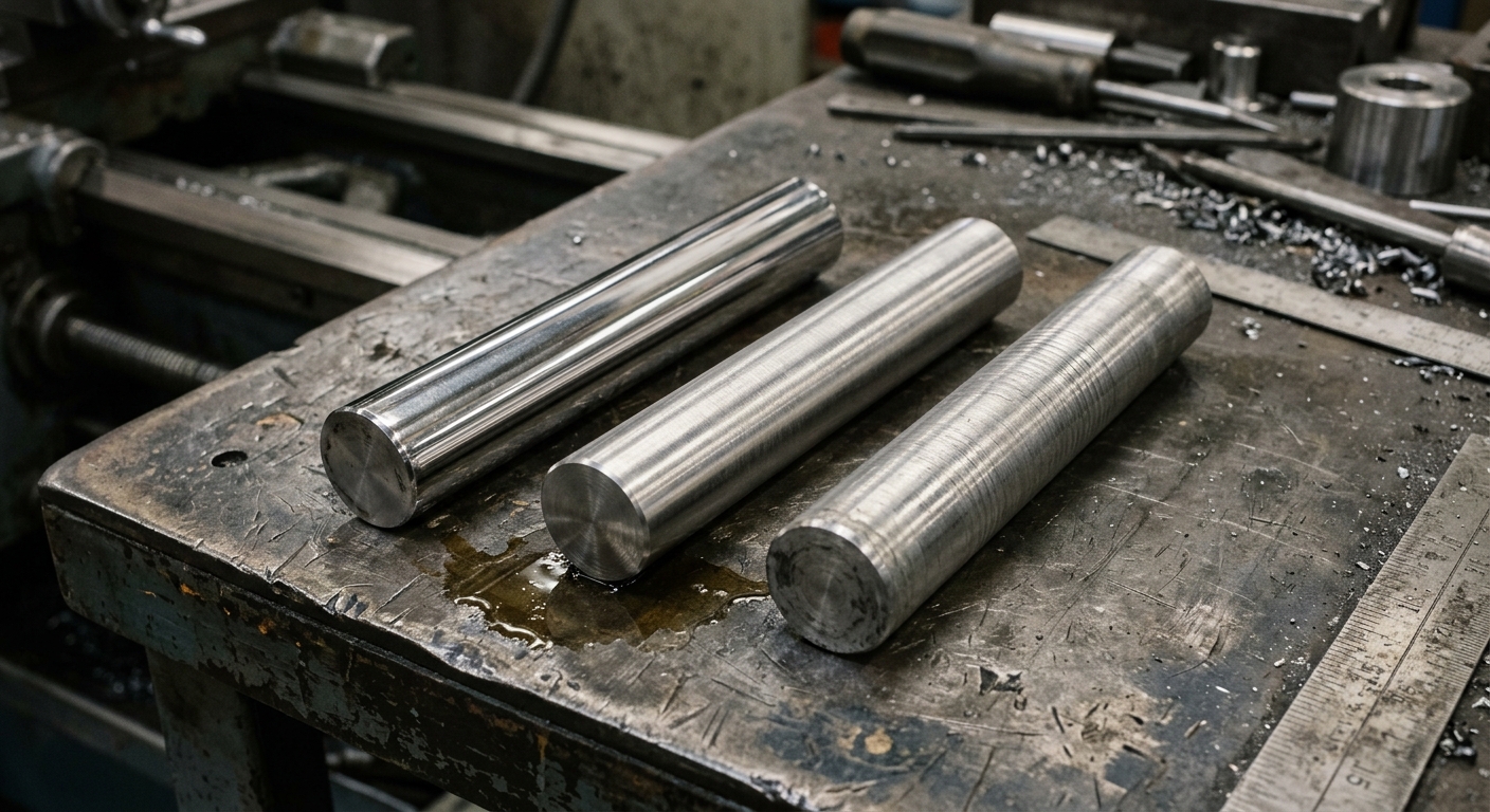 Three stainless steel bar samples compared on a workshop table