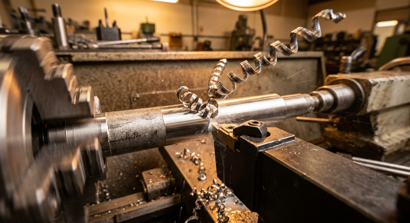 Stainless steel chips forming during CNC lathe turning operation