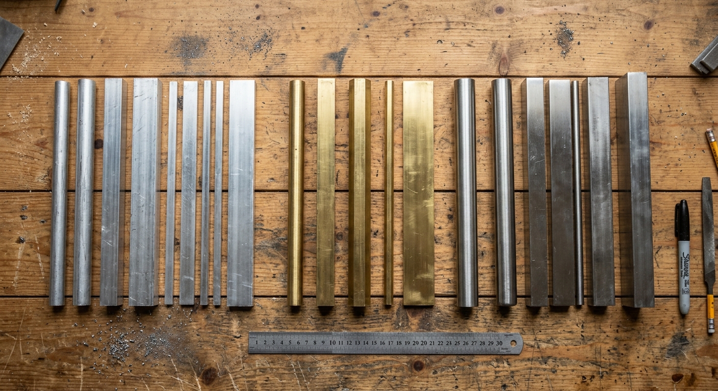 Assorted aluminum, stainless steel, and brass metal stock bars on a table