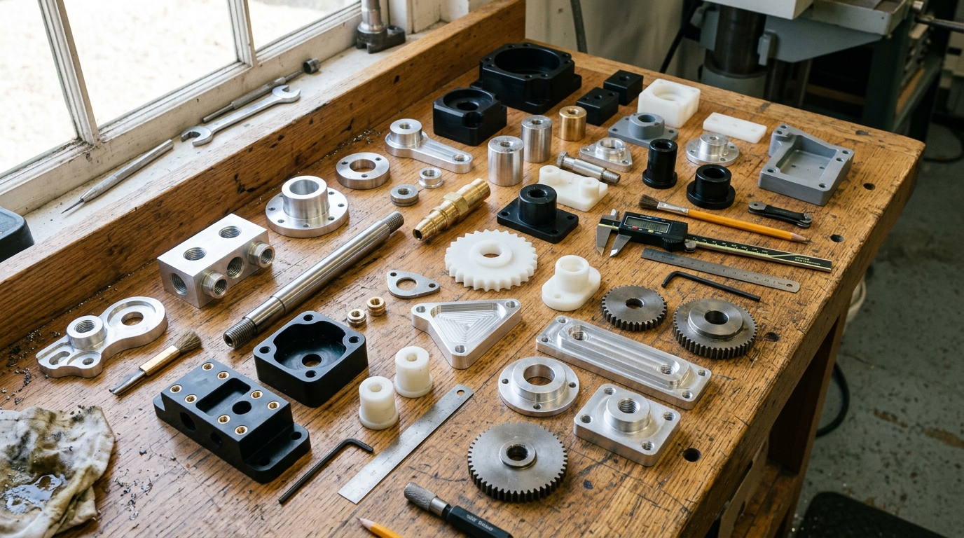 Assorted metal and plastic machined parts with threaded holes on workbench