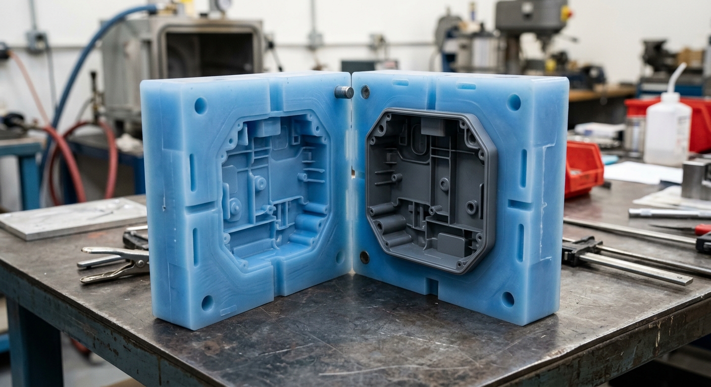 Silicone vacuum casting mold opened to reveal a finished plastic part