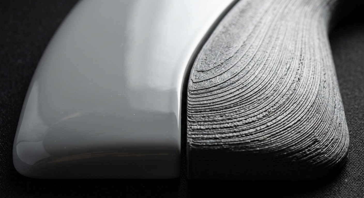 Macro comparison of smooth vacuum cast surface versus textured 3D printed surface