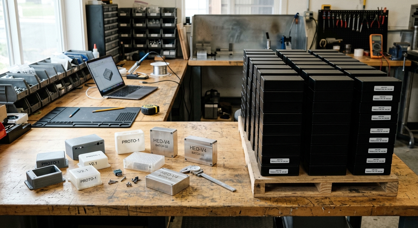 Prototype and production run plastic and metal parts compared side by side