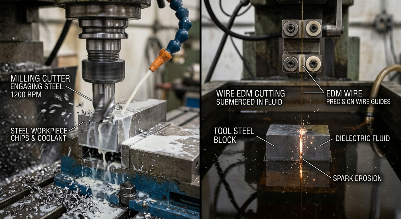 Comparison of milling cutter engaging metal versus wire EDM cutting submerged in dielectric fluid