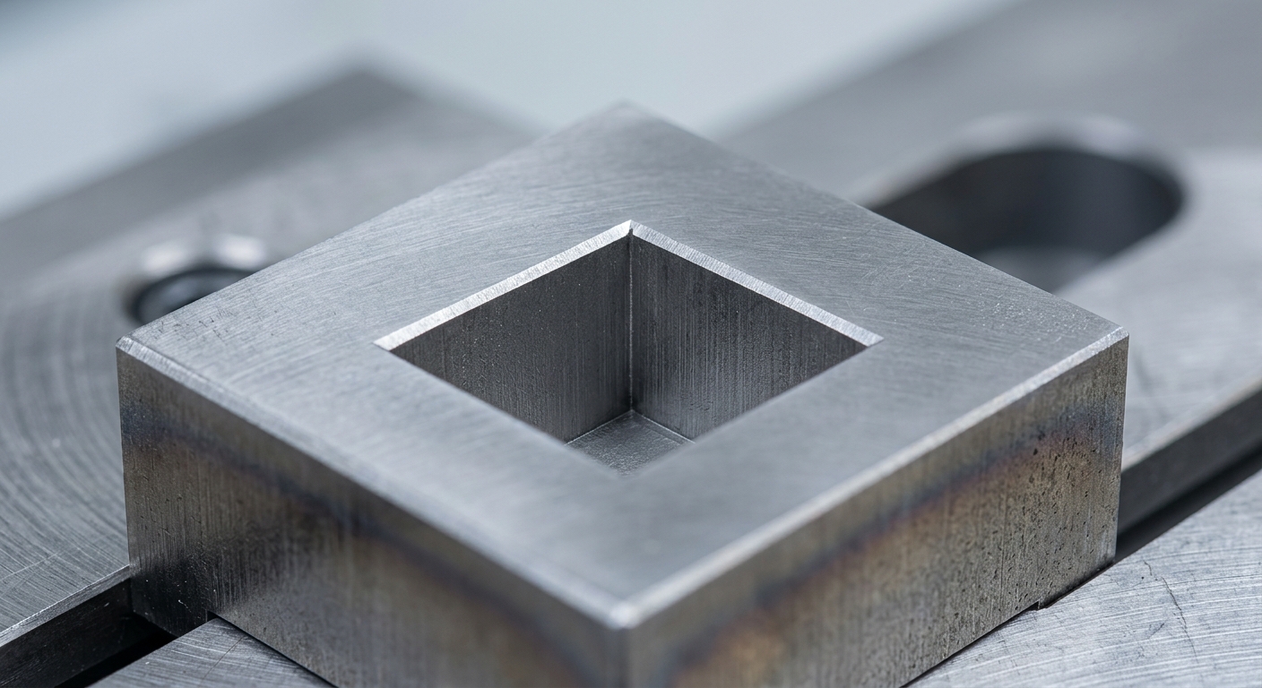Hardened steel die insert with a sharp square internal corner produced by wire EDM