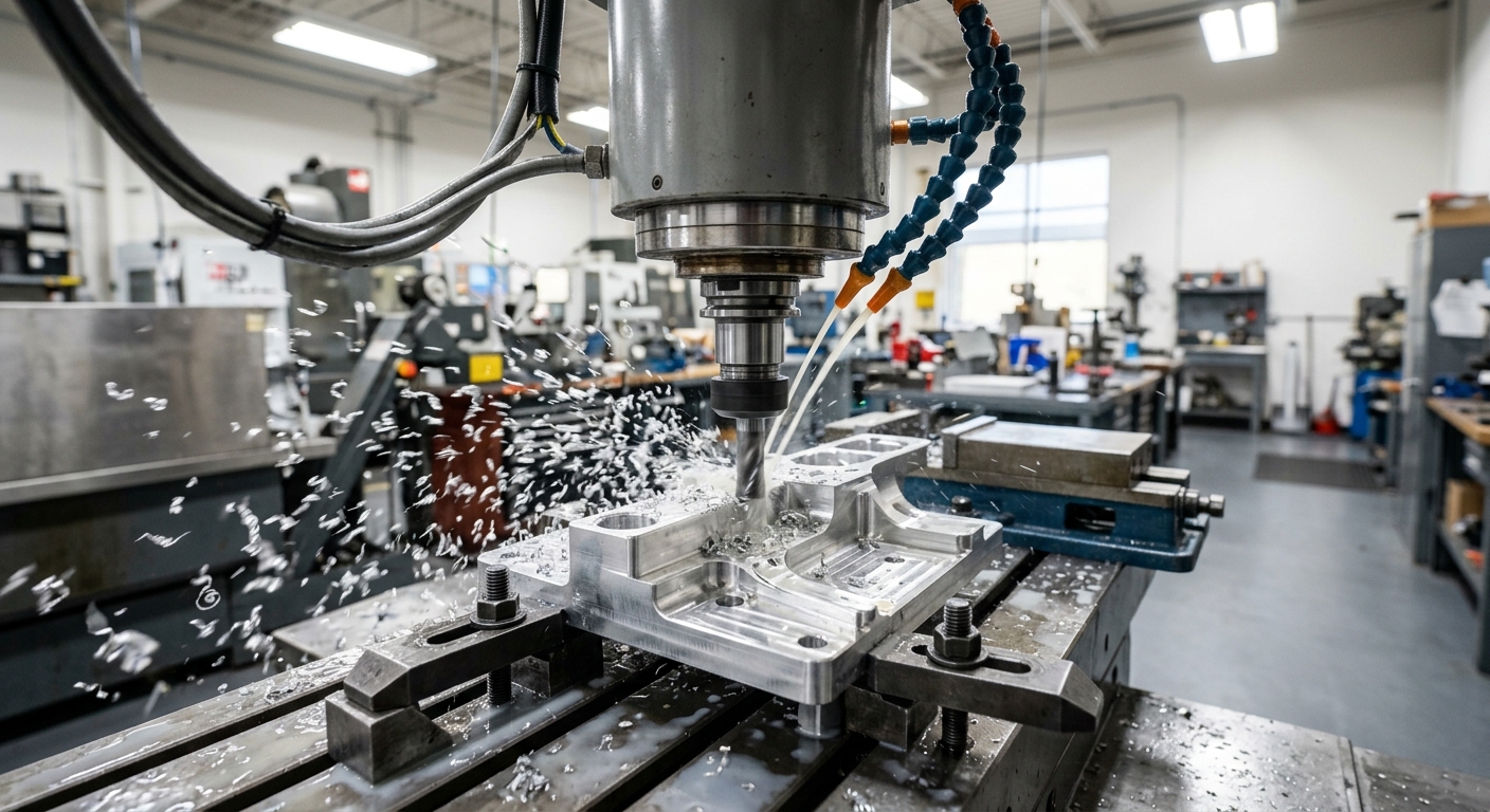 CNC milling spindle cutting an aluminum bracket with visible metal chips