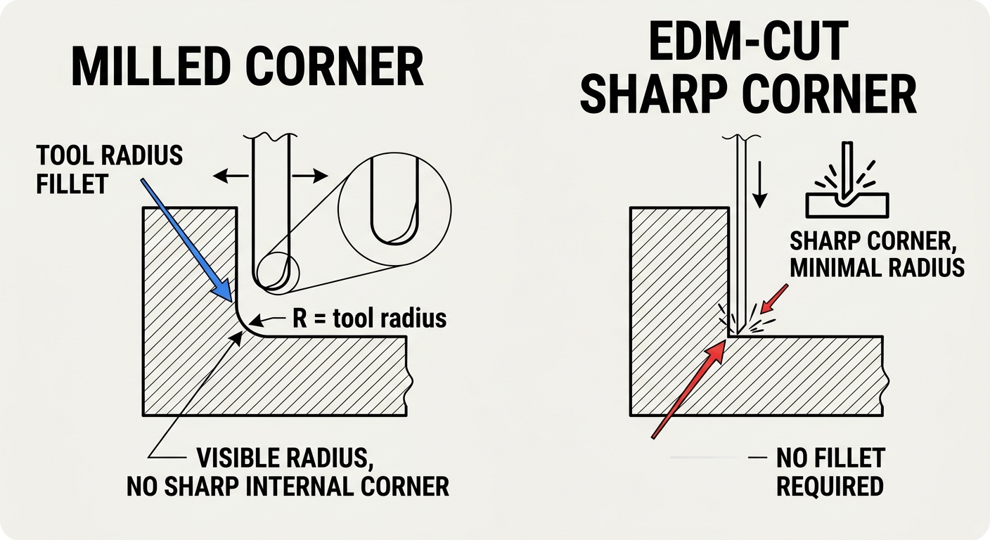 Technical diagram comparing a milled rounded corner with an EDM-cut sharp corner