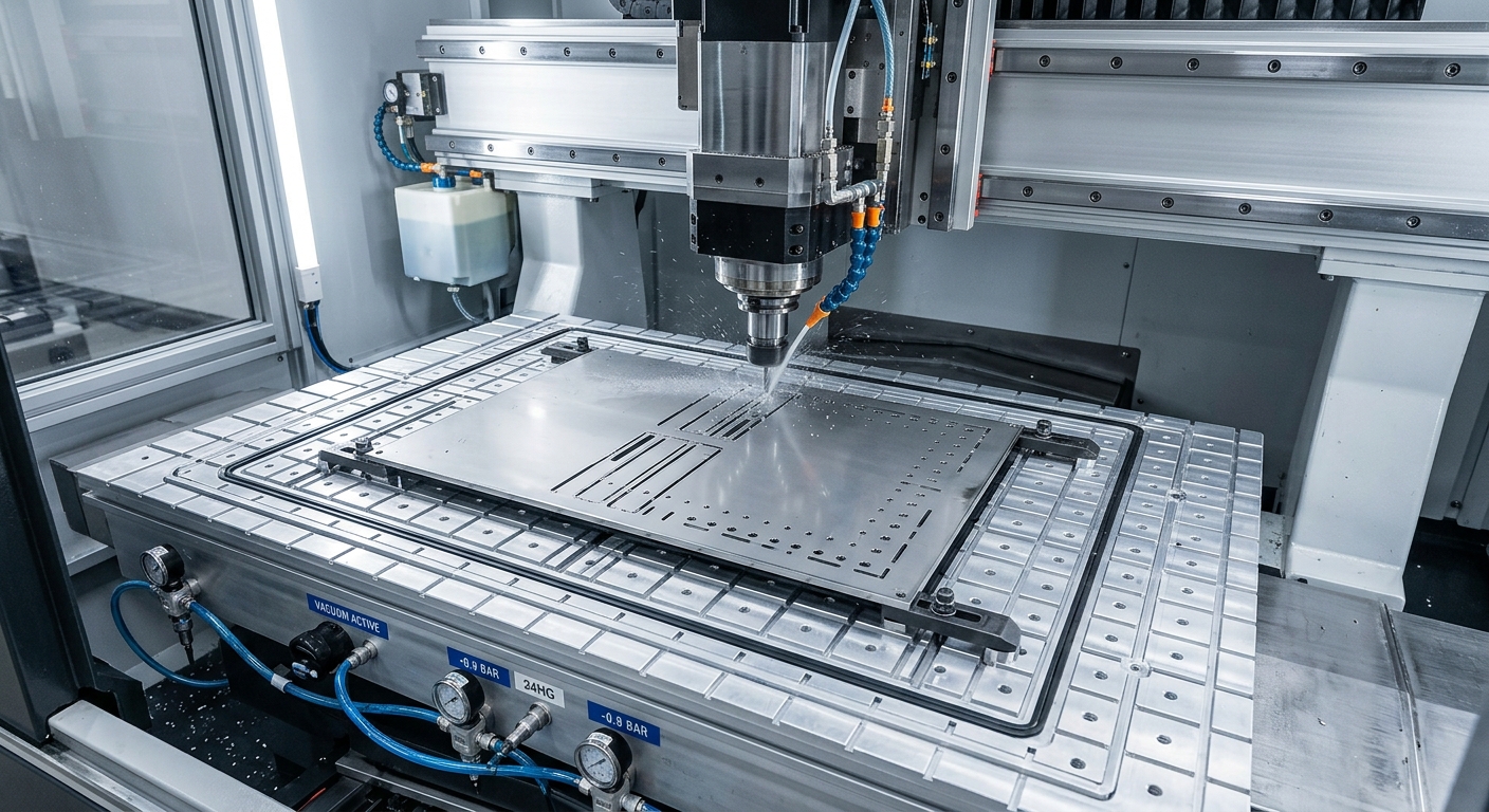 Vacuum fixturing table securing a thin metal panel during CNC milling