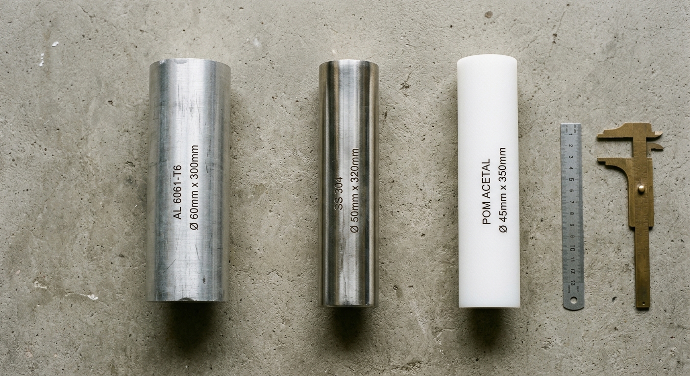 Raw material stock samples of aluminum, stainless steel, and engineering plastic