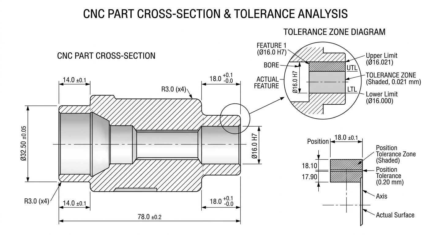 Technical diagram of a CNC part cross-section showing tolerance zones