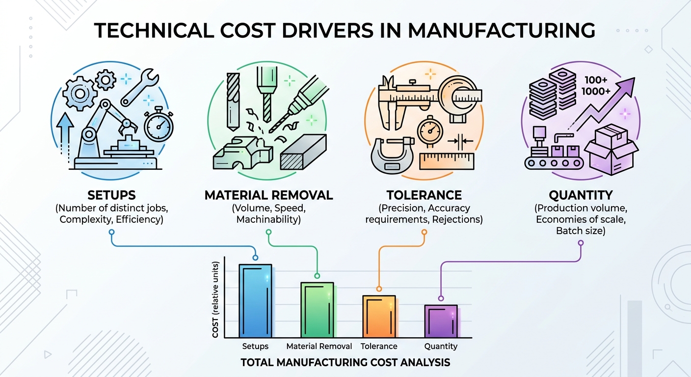 Infographic of four factors driving CNC machining cost: setups, material removal, tolerance, quantity