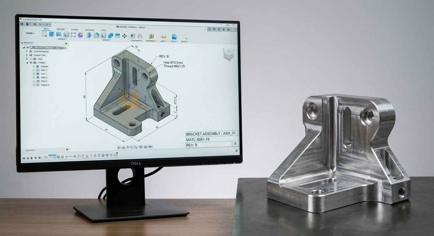 3D CAD model of a CNC machined part shown alongside the physical finished component