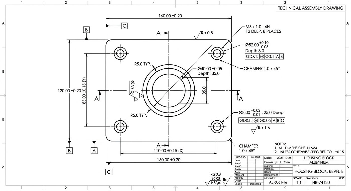 Technical engineering drawing showing dimensions and GD&T tolerance callouts