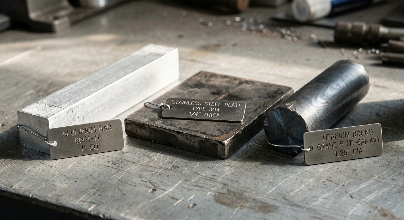 Labeled metal stock samples including aluminum bar and stainless steel plate for CNC machining