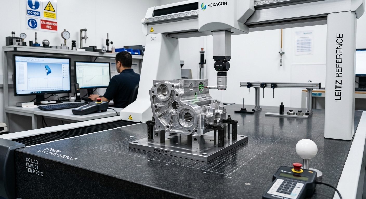 CMM inspection of a precision machined metal part on a granite surface plate