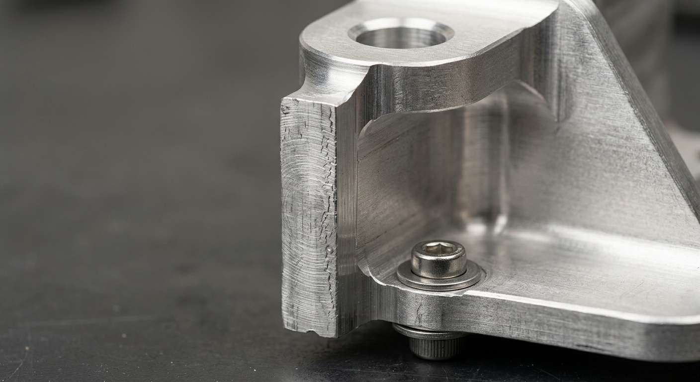Thin machined aluminum wall on bracket part showing surface detail