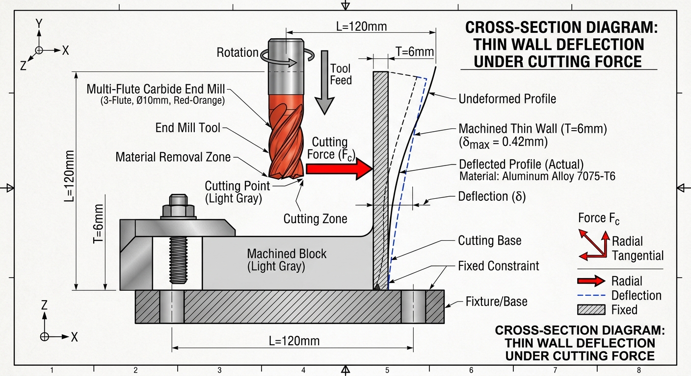 Diagram of cutting tool force deflecting a thin machined wall