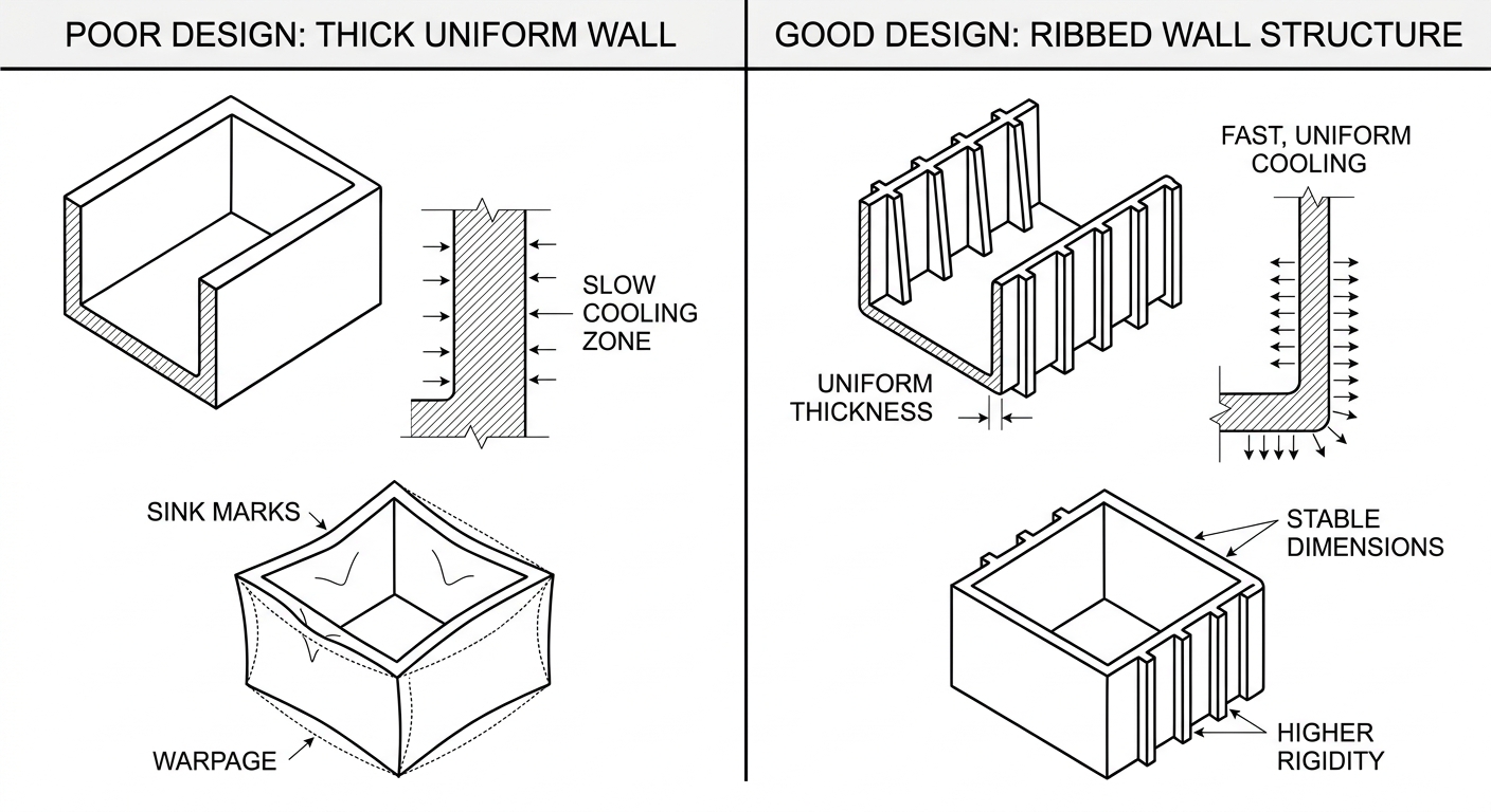 Diagram comparing uniform thin wall versus ribbed wall design for CNC machining