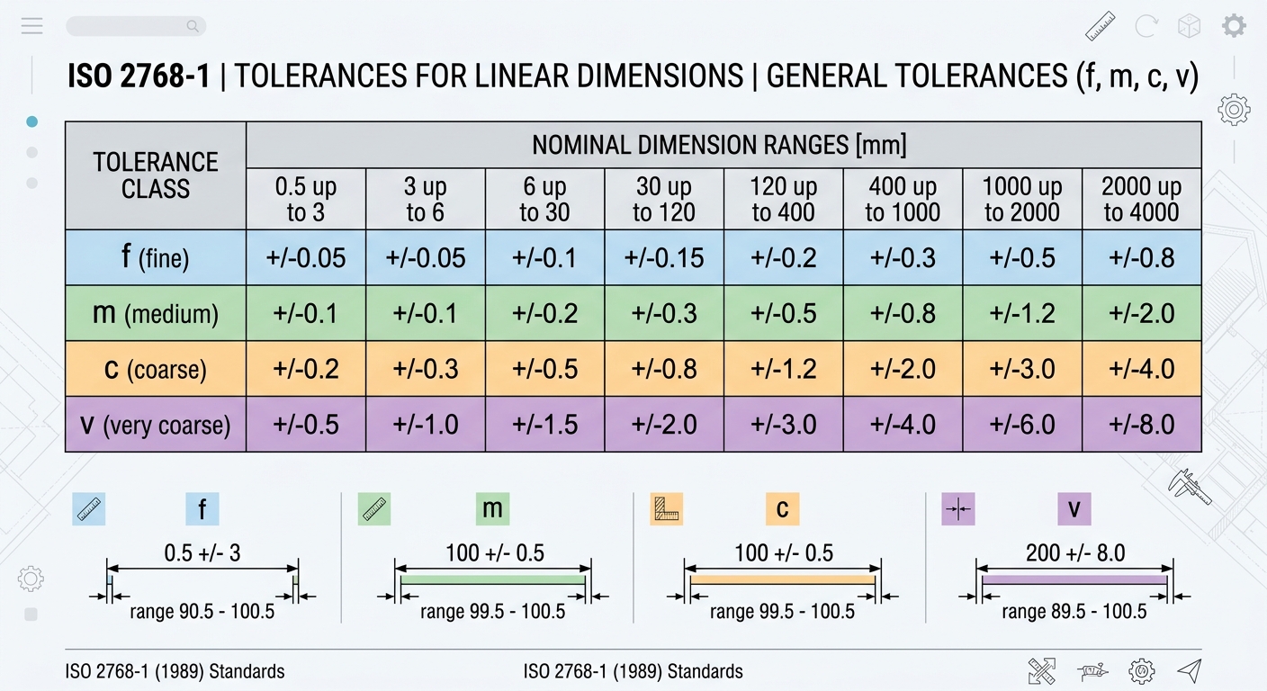ISO 2768 general tolerance table showing linear dimension classes