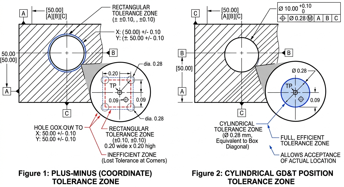 Cross-section diagram comparing plus-minus tolerance zone to GD&T cylindrical position tolerance zone