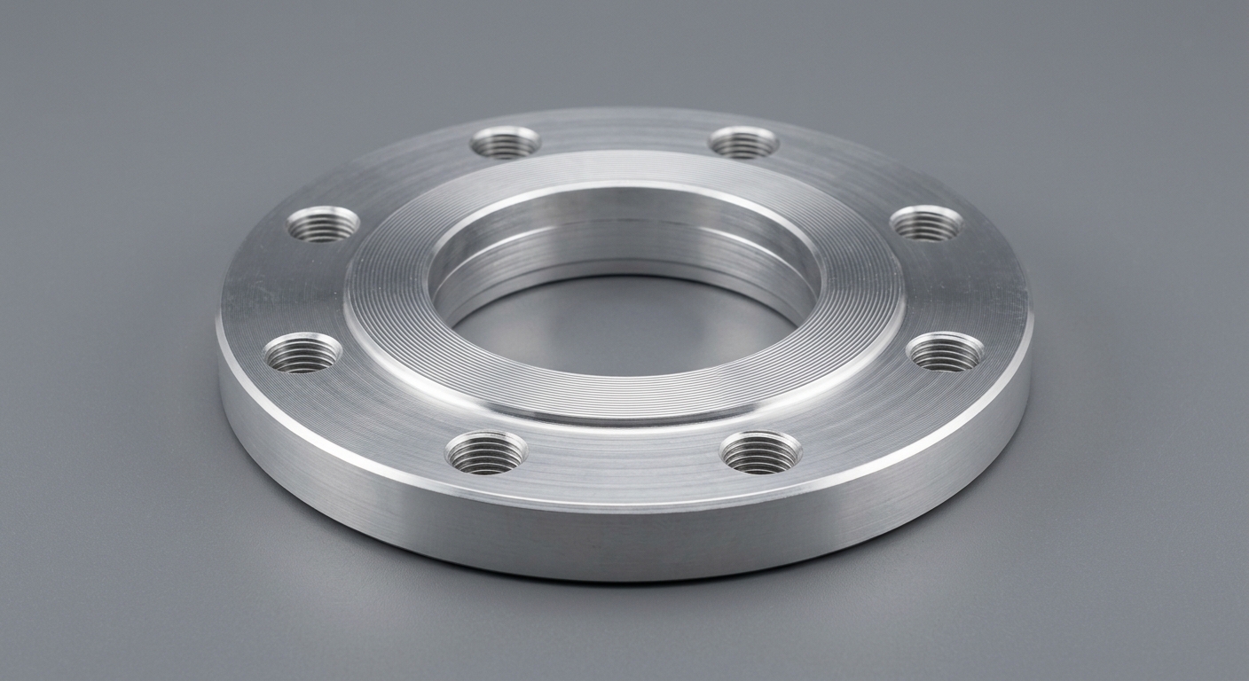 Machined aluminum flange with bolt holes and gasket sealing face