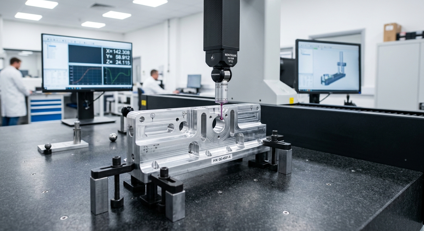 CMM probe inspecting a machined metal part for GD&T compliance